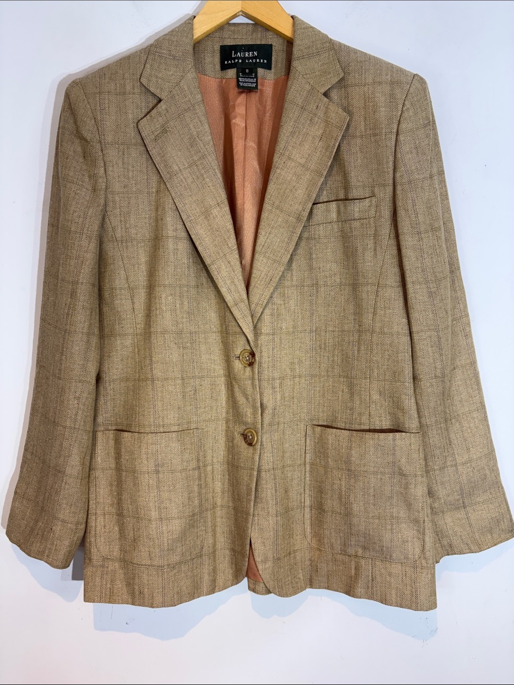 Lauren Ralph Lauren Herringbone Linen Rayon Blazer Tailored Jacket Tan Size 8 - Picture 3 of 16